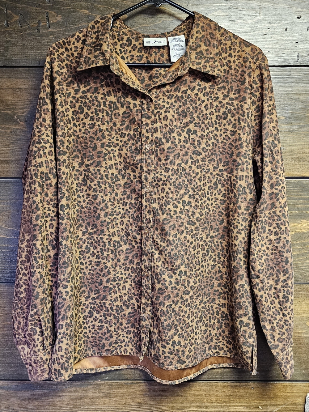 Whit Stag Brown Leopard Print Button-Down Shirt Long Sleeve Womens Large
